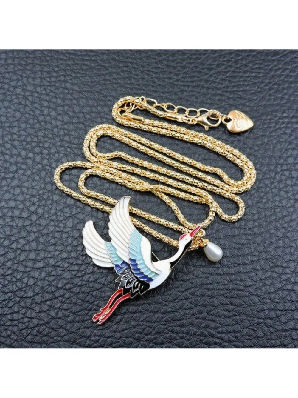 Necklace Gray Enamel Bird Crane Brooch Pendant Gold Tone